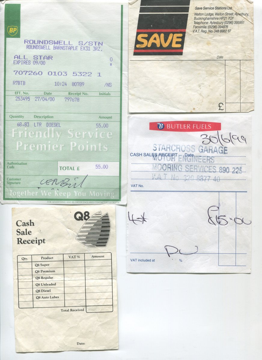 The handwritten (& blank) ones mostly came from childhood holidays, road trips, happy memories of sunny days. Lots of garages were happy to give a little kid a blank receipt. Printed ones are mostly from a bin bag full of them I found next to a railway track in S. London in 2003