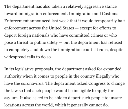 The DOJ is already citing  #coronavirus to try to suspend parts of the Constitution & force through inhumane immigration laws grounded in xenophobia & nationalism, not science.This is how authoritarians gain public support for consolidating power. 12/ https://www.washingtonpost.com/national-security/justice-department-coronavirus-laws/2020/03/23/6b860018-6d01-11ea-b148-e4ce3fbd85b5_story.html