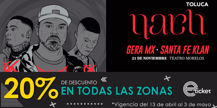 eticket's tweet photo. #Toluca prepárate para ver en vivo a #SantafeKlan, @Nachsoyyo @GERAMX444 🎤🎤
#AbrilContigo trae para ti 20% de descuento para que no te pierdas a tus raperos favoritos el 21 de noviembre.
🎫🎫 https://t.co/g7kcPCrxsg https://t.co/k4LhTXjapJ