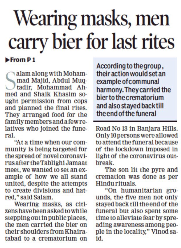 KTRBRS's tweet photo. My #CitizenHeroes today are 5 Muslim young men who organised their Hindu friend’s last rites when everyone else chose to stay away assuming it was a #Corona death

Proud of you guys for championing the #GangaJamunaTehzeeb of #Hyderabad 👍👏#CommunalHarmony

#TelanganaFightsCorona https://t.co/q5BqTNs7uX
