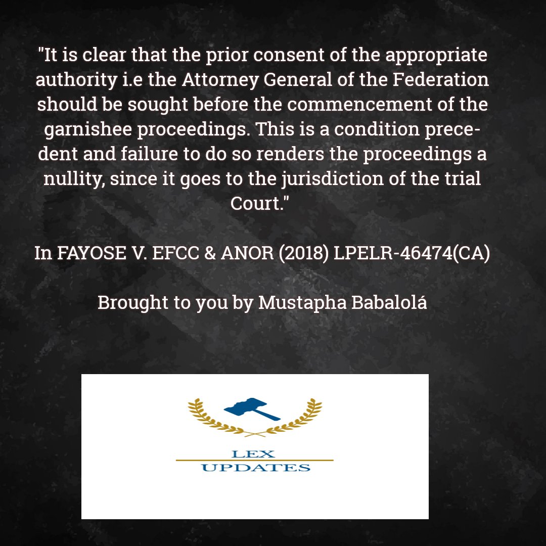 Toheebmustapha9's tweet photo. While instituting garnishee proceedings, you are expected to acquire the consent of the Attorney General or else the whole proceedings will be an effort in futility.
#LEXUPDATES
Beaming the light of law on the world https://t.co/HvXPdAlD4f