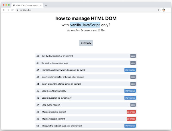 nikosvg's tweet image. HTMLDOM.DEV-Common DOM Tasks With Vanilla JS:cutt.ly/AywrZn6
#HTML #HTMLDOM #Webdev #Javascript #JS #100DaysOfCode 
@stefanjudis @alvinashcraft @InsideDev2 @javascript_go @twiwdev @javascript_next @pentacodevids @dailydotdev @codeproject @JavaScriptDaily @frontendweekly1