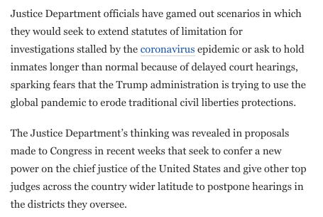 The DOJ is already citing  #coronavirus to try to suspend parts of the Constitution & force through inhumane immigration laws grounded in xenophobia & nationalism, not science.This is how authoritarians gain public support for consolidating power. 12/ https://www.washingtonpost.com/national-security/justice-department-coronavirus-laws/2020/03/23/6b860018-6d01-11ea-b148-e4ce3fbd85b5_story.html