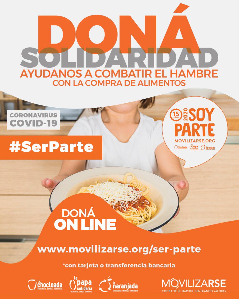 Trabajemos en equipo para combatir el hambre.
Doná Solidaridad. 
DONÁ ONLINE
movilizarse.org
▪️También podes hacer Transferencia :
BANCO GALICIA 
Cuenta Corriente $: 19819-2 011-4 
CBU:0070011520000019819248
#SerParte