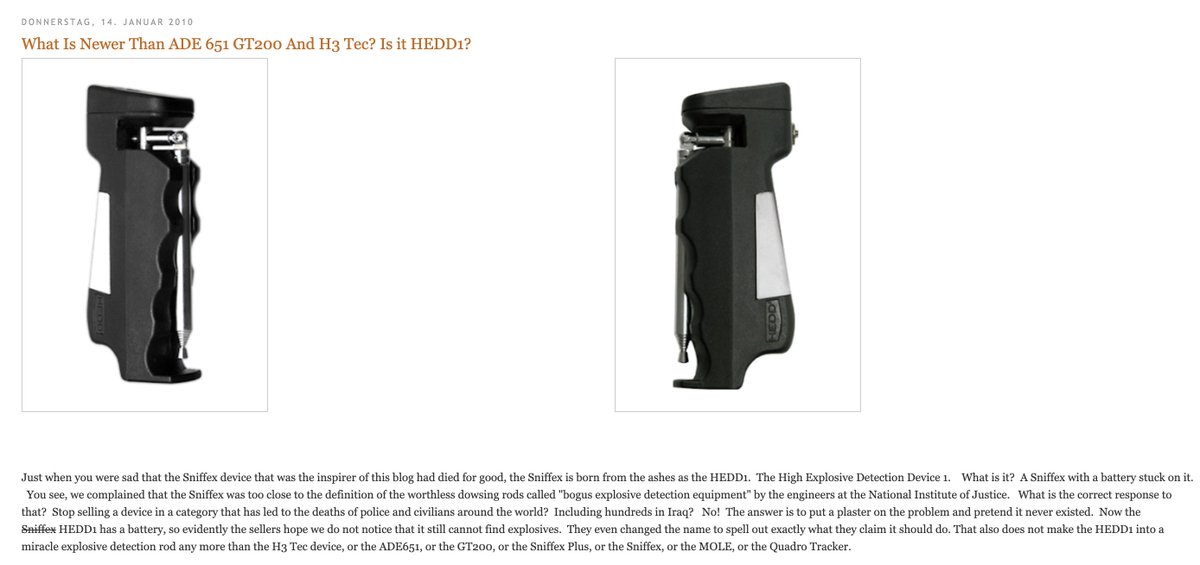  @s7az2mm checked the brochure for Mr Golshani's "explosive detector" device and compared it with that of the known fake bomb detector HEDD1. Very similar indeed. HEDD1 has been described as "Sniffex with a battery stuck on it"