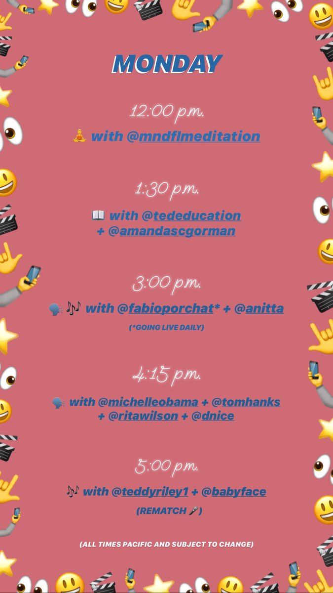 No matter your vibe 🧘‍♀️🎶🗣📝🕺
There’s an Instagram Live 🤩

Here's what's going down on Live this week, with a new lineup every day 👀

Full schedule –> instagram.com/stories/highli…