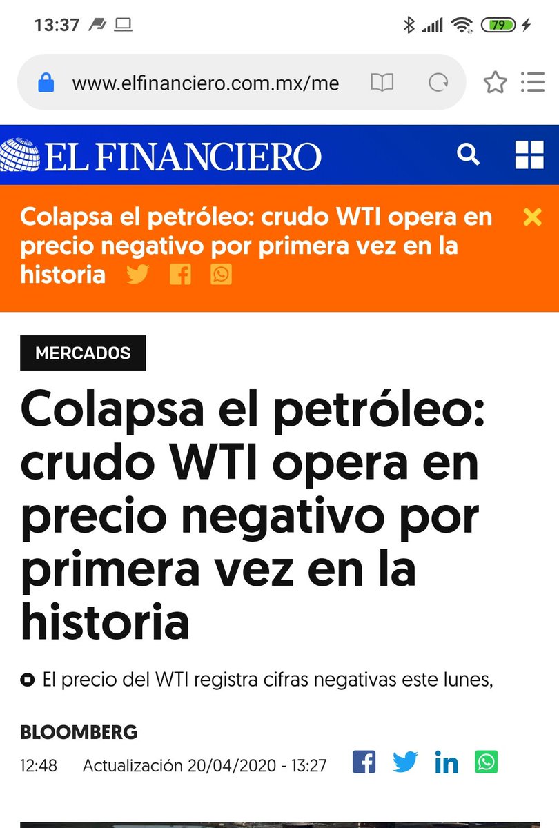 Cuando el petróleo costo en negativo.

El crudo WTI cae a -3.70 dólares por barril

#petroleo #lunesnegro 

Qué más sigue en esta crisis mundial?