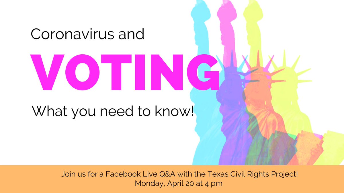 TXCivilRights's tweet photo. 🎥 Tune in at 4 PM today for a breakdown of everything you need to know about voting in #Texas during the pandemic. TCRP's voting rights organizer @alirlozano will be live with GO Neighborhoods Northside Houston.🗳️ 

Watch here: https://t.co/3mTZE1G8H6 https://t.co/Vsp8TWlKcG