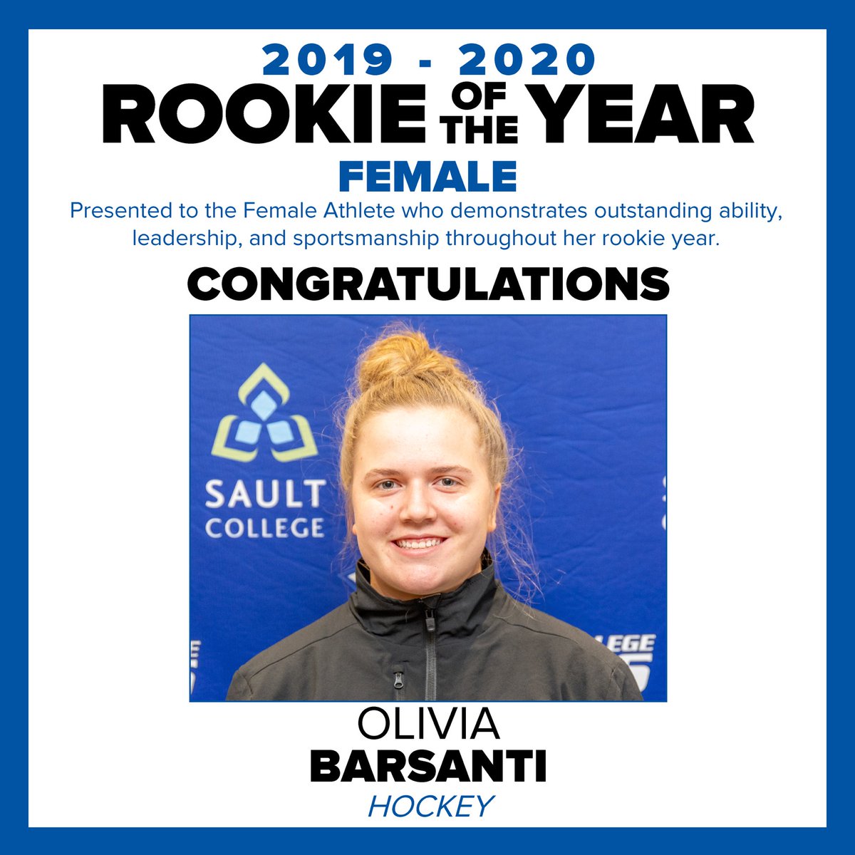 CougarsSault's tweet photo. 🏆Female Rookie of the Year🏆

Congratulations to Olivia Barsanti on being the recipient of this year’s Female Rookie the Year.

@SaultCollege 
#SaultCougars https://t.co/ULAJW5AQlf