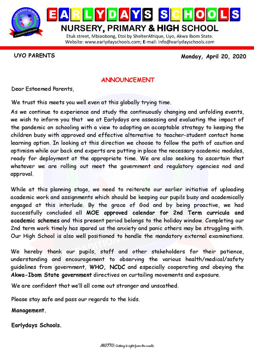 Earlydayschools's tweet photo. ANNOUNCEMENT
Monday, April 20, 2020

To:
EARLYDAYS SCHOOL PARENTS, UYO CAMPUS. https://t.co/KfR9iljKIa