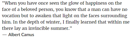 It seems like Camus stumbled across some of the revelations that would later narrate his life as Uncle Moishy, in this powerful formulation. What is Uncle Moishy, if not a grand statement about a vocation that awakens the light on faces surrounding him?