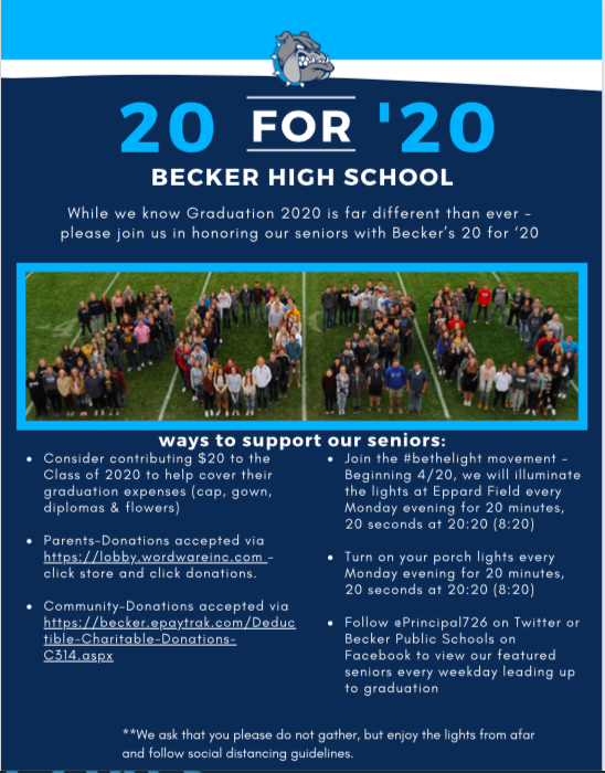 principal726's tweet photo. Becker - join in honoring our seniors with 20 for '20!!! @BeckerSchools 20 for '20 kick offs  tonight at Eppard Field at 8:20 for 20 minutes, 20 seconds!  #bethelightMN @MSHSLjohn Please admire the lights from afar as we practice social distancing. https://t.co/buTiMqlLvB