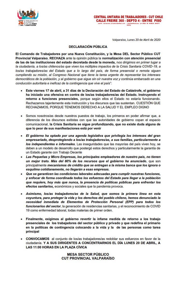 El Comando de Trabajadoras y Trabajadores por una Nueva Constitución y Mesa del Sector Público Provincial Valparaiso