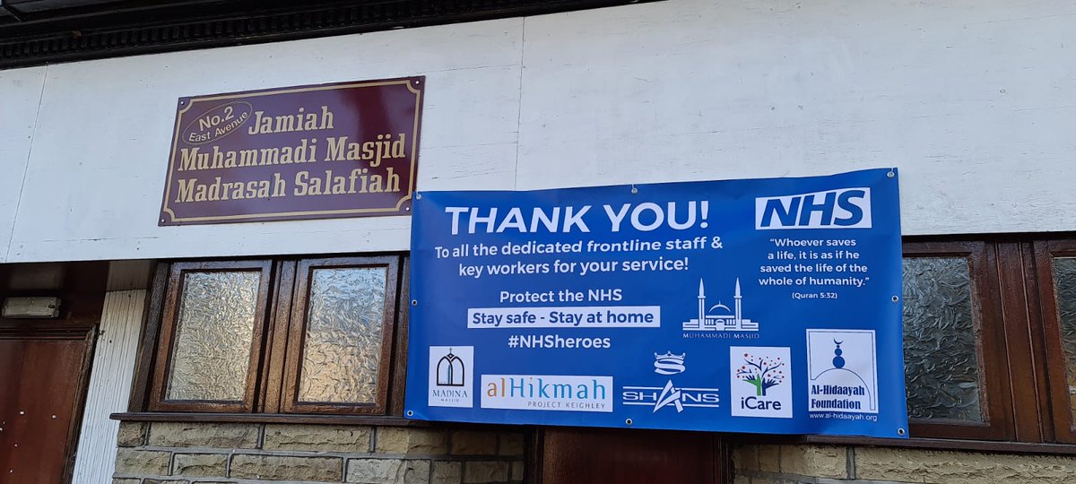 Muhammadimasji1's tweet photo. Banner to say THANK YOU to all frontline staff and Keyworkers from @Muhammadimasji1, @alhikmahproject alongside key partners @UKIMKEIGHLEY, @AlHidaayah_Fndn and Shans. 

"Whoever saves a life, it is as if he saved the life of the whole of Humanity" (Quran 5:32). 
#NHSheroes https://t.co/Yz1XR76nKa