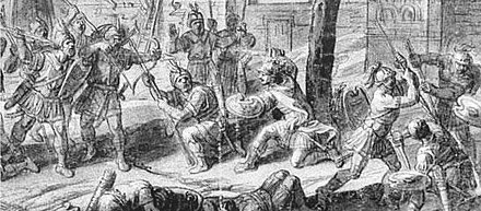 During the siege of the capital city of Mallavas, Alexander was seriously wounded by an arrow and was only saved by his bodyguard named Leonnatus, who protected him with the sacred shield of Troy.Images of Alexander fighting at the Mallavas citadel.