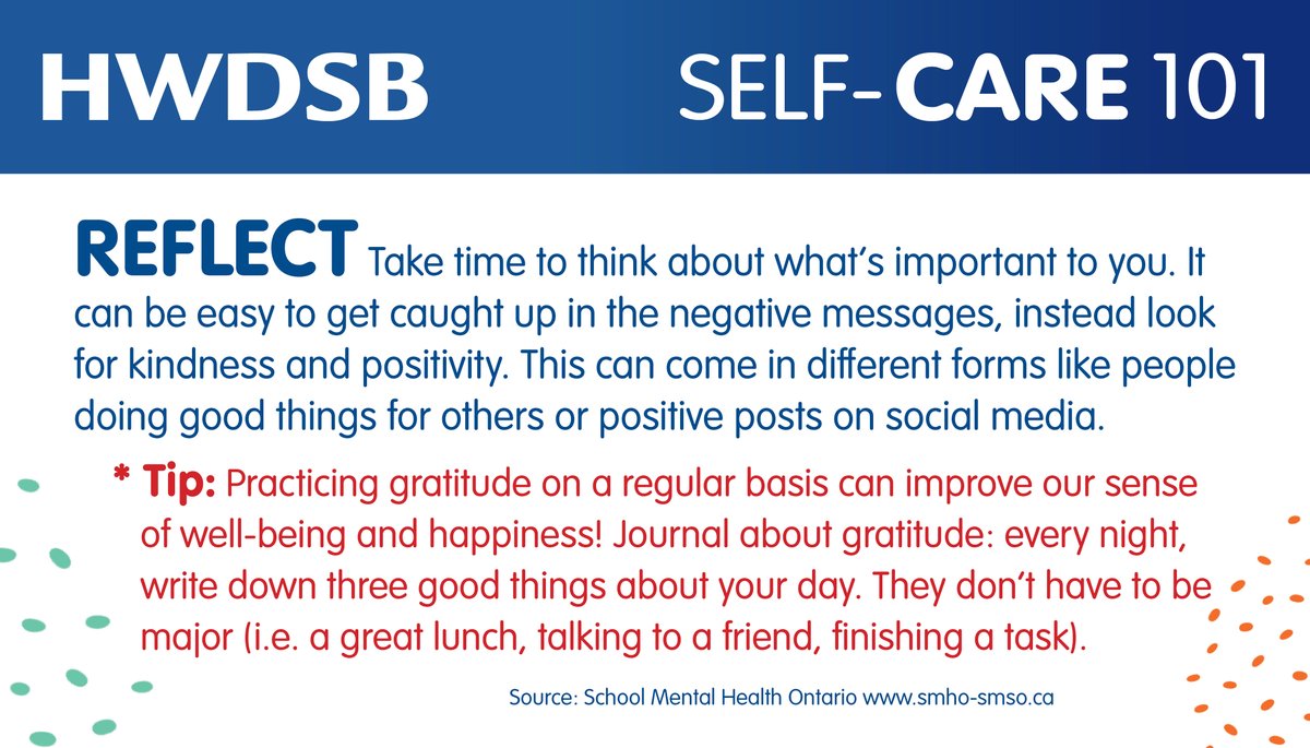 HWDSB's tweet photo. Try reflecting on what you’re grateful for today. #HWDSBwehelp

Full tip sheet from @SMHO_SMSO: https://t.co/2JdaOFCl8q Find other well-being resources at: https://t.co/w3hW9qTeKY https://t.co/P5C87Sp178
