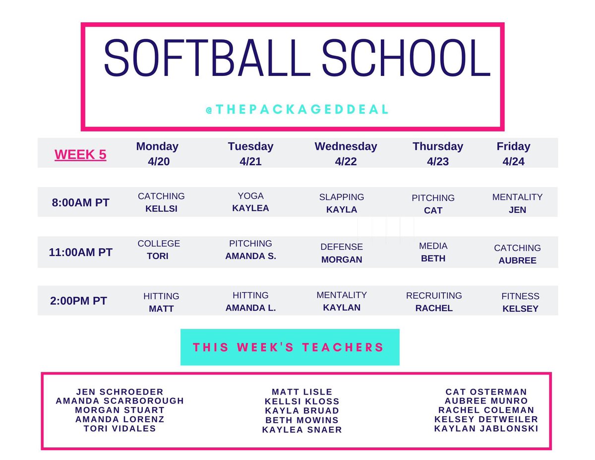 Here’s this week’s schedule inside Softball School!

Can you believe in less than two weeks we’ll have 100 classes inside?!😱

You can sign up and access ALL of them!!
packageddeal.com/softball-school