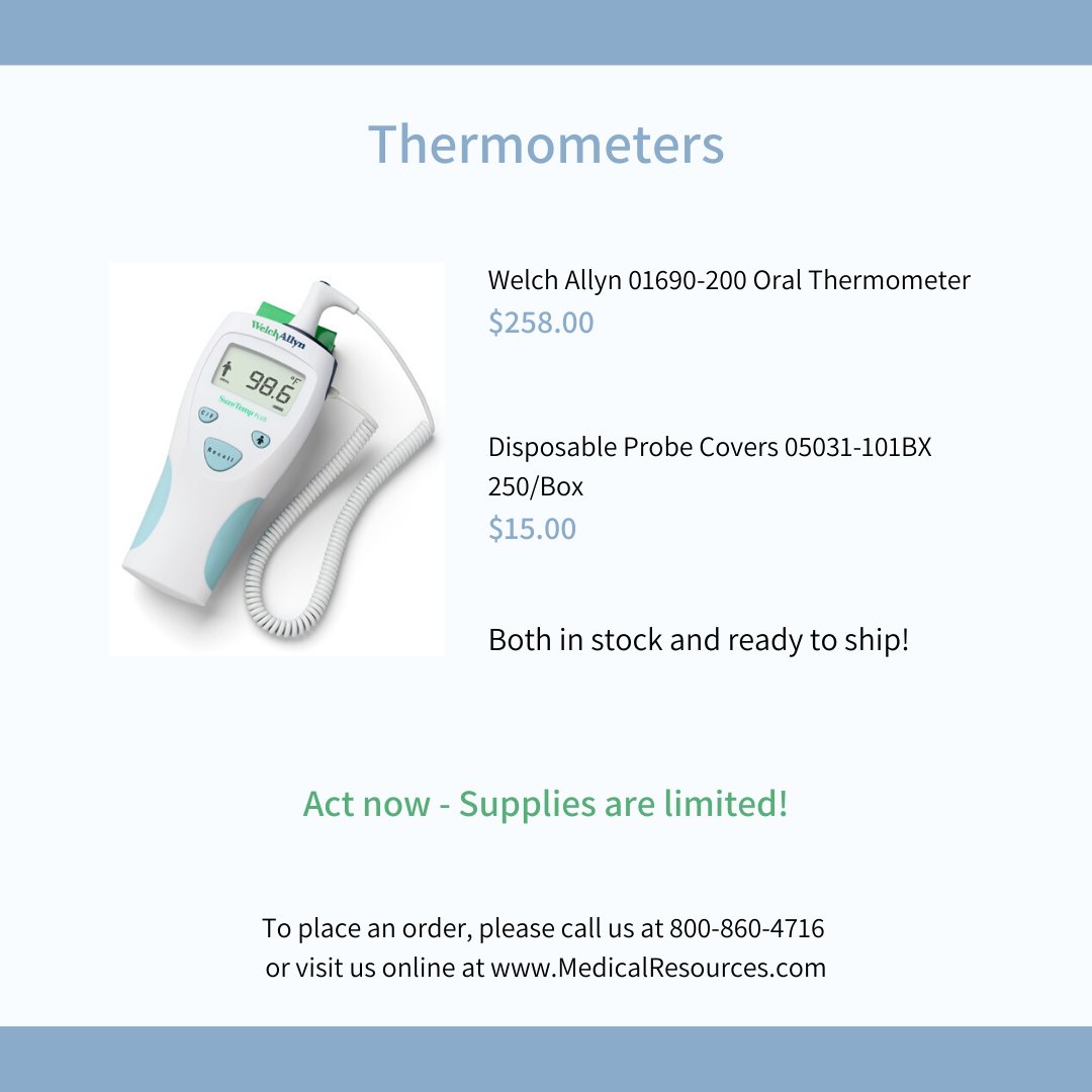 MedResOH's tweet photo. We have just received our re-stock order of Welch Allyn Oral Thermometers! Call before we run out 800-860-4716!! #FlattenTheCurve #COVID19 #WeAreAllInThisTogether #staysafesavelives https://t.co/omWLZCXhgh