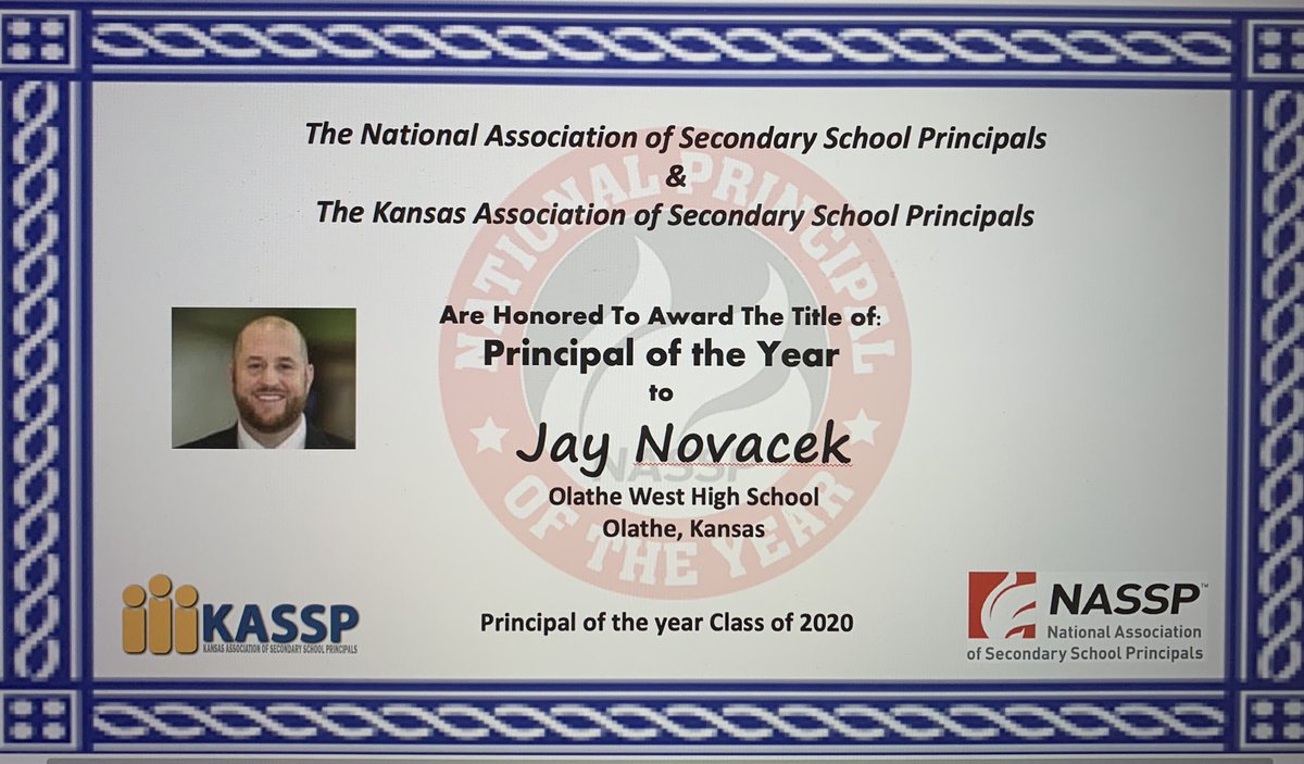 KSPrincipals's tweet photo. The Kansas Association of Secondary School Principals is pleased to announce the 2020 “Principal of the Year!” Congratulations Mr. Jay Novacek from Olathe West! ⁦@OWNovacekOWLS⁩ ⁦@olatheschools⁩ ⁦@OlatheWestOwls⁩ #KSLeaders https://t.co/tQJe2giKlU