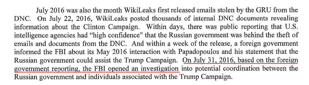 4/ Also on page 6, Mueller writes: "On July 31, 2016, based on foreign government reporting, the FBI opened an investigation". Again, that is a lie. There was no foreign government reporting.