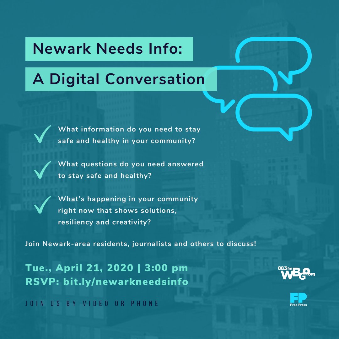 Join @WBGO and our #NewsVoices team today at 3 PM ET for a digital convo on #localnews in the era of of #COVID19. We want to hear from you! We hope you'll join us. RSVP ⬇️ bit.ly/NewarkNeedsInfo