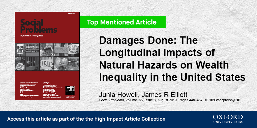 socprobsjournal's tweet photo. Our most discussed article last year was "Damages Done: The Longitudinal Impacts of Natural Hazards on Wealth Inequality in the United States" by Junia Howell and James R. Elliott. See what all the fuss is about free for a limited time: https://t.co/4i8aBcteiH https://t.co/NBvLIPP4S2
