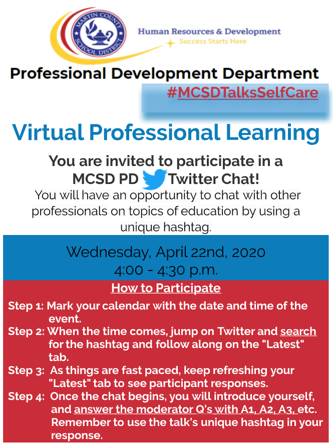 MCSDFloridaPD's tweet photo. Who's excited? This week the Professional Development Team is focusing on #MCSDTalksSelfCare  

Mark your calendars and be sure to join us for this important EdChat!  @h_padgett2 @LoveAStrong @farrellthecoach @tlwatson2020 https://t.co/m5U8aBJ0qe