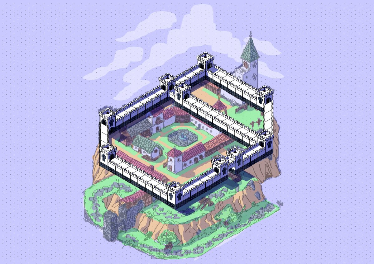 GnarledMonster's tweet photo. I've just finished assembling walls and making shadows (now I see some tower shadows are left, damn). I will erase block lines later, next thing on the list: sketching buildings final versions! #isomap #dnd #osr #rpgart https://t.co/ReAl5NoAcB
