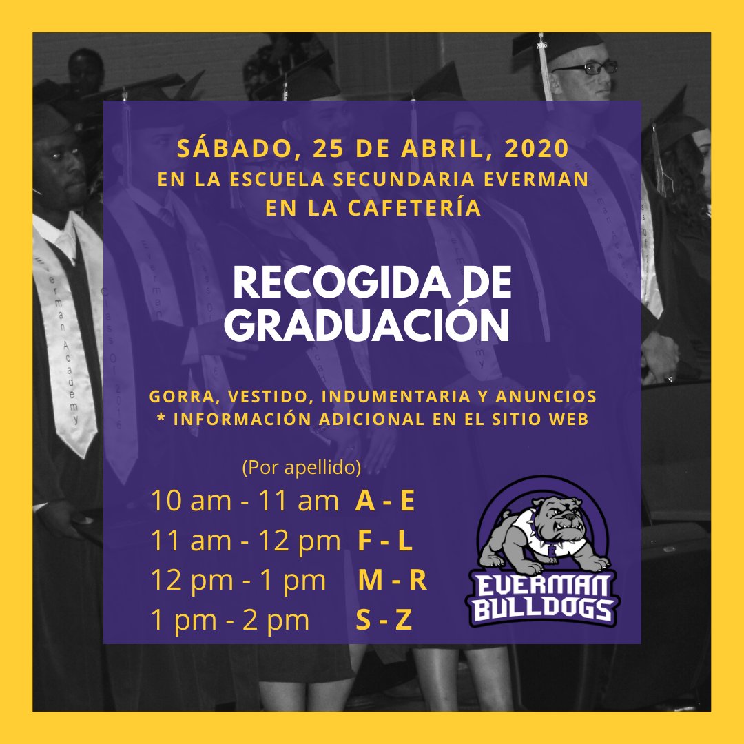 EvermanISD's tweet photo. Class of 2020 Seniors and Parents, we will distribute caps,gowns and announcements with on Saturday, April 25th from 10am-2pm. For more information please visit the district website at https://t.co/9pGJhWkFxD https://t.co/bLYwBrUe3p