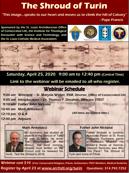 archstl's tweet photo. This Sat., April 25, the @archstl Office of Consecrated Life is hosting a web conference on the Shroud of Turin, a widely-studied artifact which appears to bear witness to the great mystery of Jesus’ Resurrection. Visit https://t.co/BlEJtgpO30 to register! https://t.co/OzolpLCrbt