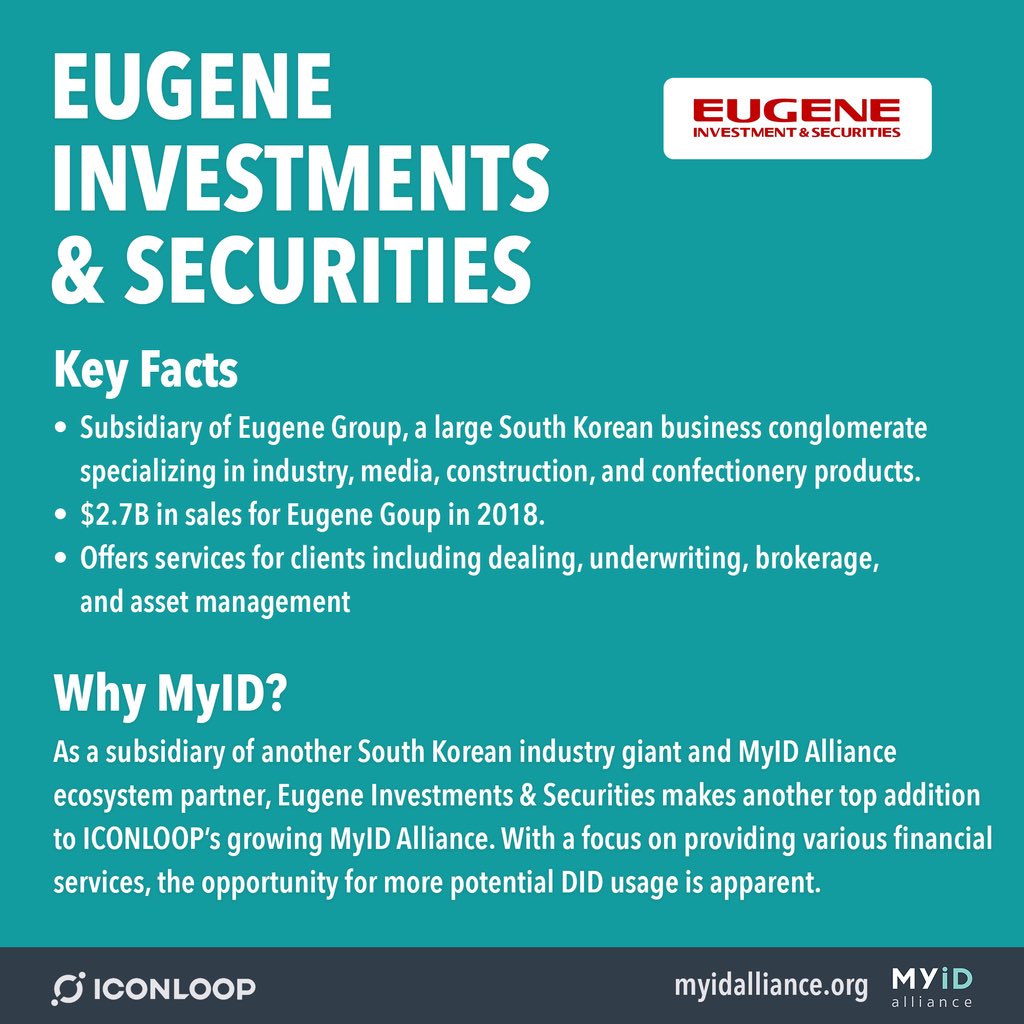 Eugene Investments & Securities, subsidiary of a South Korean industry giant - Eugene Group, makes yet another strong addition in  #ICONLOOP‘s MyID Alliance.  #ICONProject  #Crypto  #Blockchain  $ICX