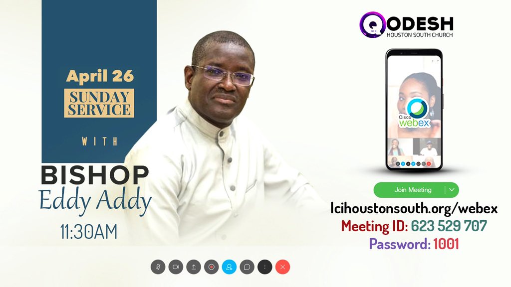 qodeshhoustonst's tweet photo. We are happy to announce that we will be having Bishop Eddy Addy @eddyaddy_dhmm worshiping with us this Sunday at 11:30am CST via WEBEX. It is a rare opportunity to have such a great man of God worshiping with us.  
Be expectant! https://t.co/aQEQoRnE5N