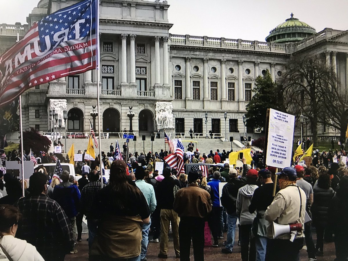Mark_LaValla's tweet photo. Harrisburg, Pa- Protesters fight for Gov. Wolf to open up the state and businesses. Thousands gathered. Some wore masks. Many didn’t. I doubled my mask today. @Mark_LaValla @FOX29philly https://t.co/QnS2rV49Me