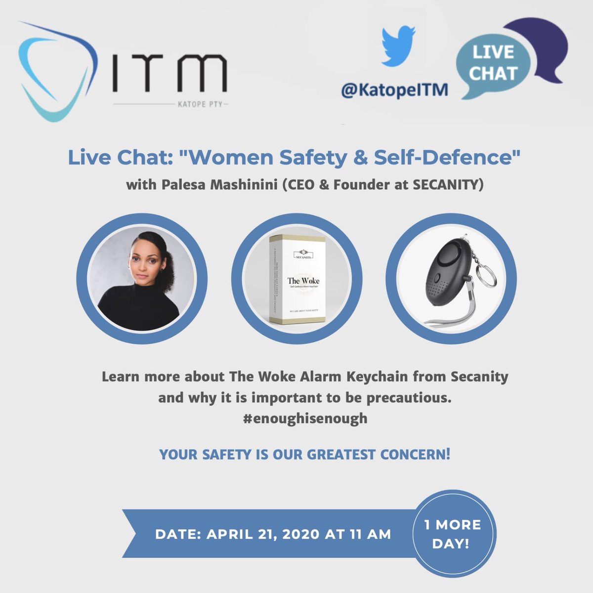 ItmNigerialtd's tweet photo. Join our #SouthAfrica 🇿🇦 Office ⁦@KatopeItm⁩ live chat with ⁦@_Secanity_⁩ on #WomenSafety &amp; #SelfDefense #Weareitm #itmmoments 🙏🏼 https://t.co/q59f64uA3J