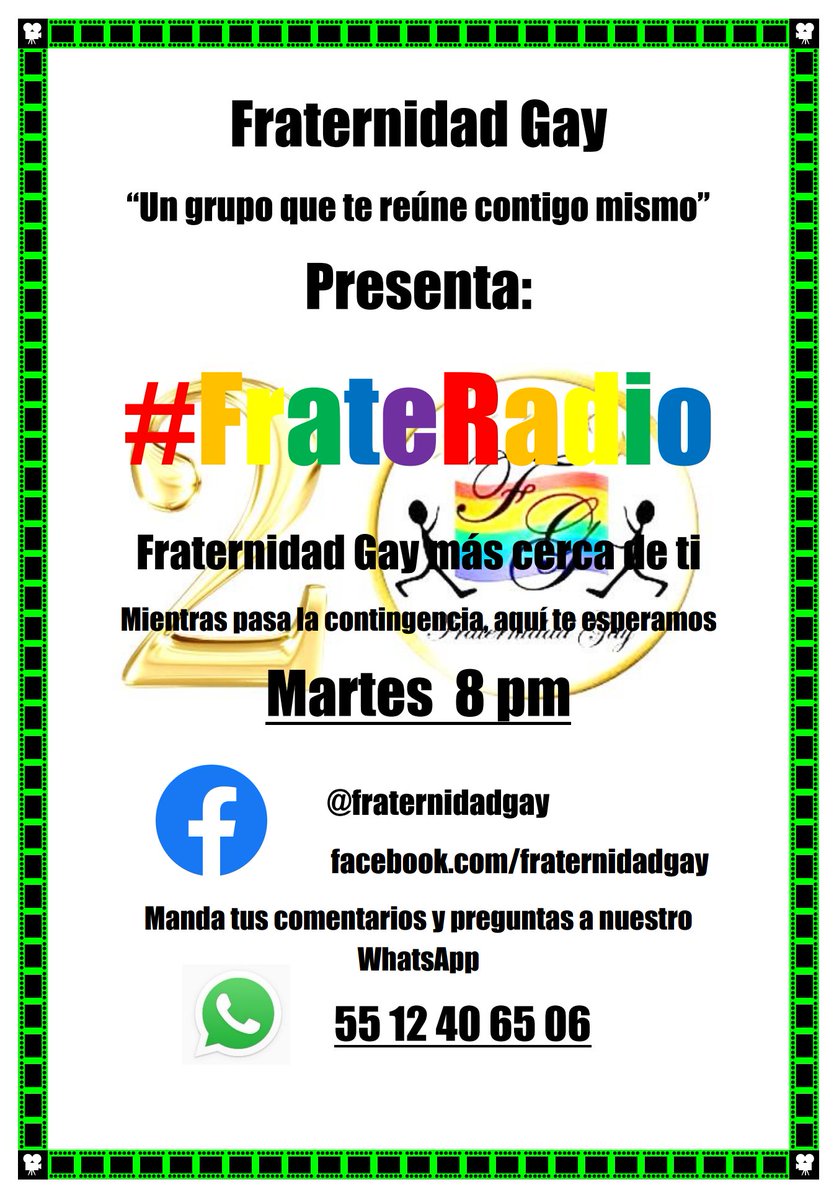 fraternidadgay's tweet photo. Amigos. Mañana como cada martes mientras estemos en contingencia, nos escuchamos para platicar en #FrateRadio 
Acompáñanos con un #FrateCafe y participa a través de nuestras redes o nuestro WhatsApp 5512406506
#FraternidadGay https://t.co/A4hXQol5ff