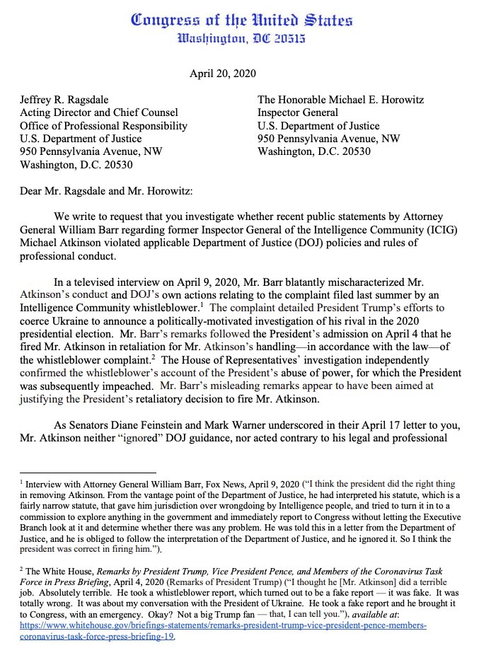 AdonisAlbright's tweet photo. #BREAKING on @OANN: Chairmen of House Intel, Judiciary committees calling for ethics investigation into AG Bill Barr's comments regarding firing of Michael Atkinson, the intel community's inspector general who first raised the alarm over the Ukraine whistleblower complaint. #OANN https://t.co/GnZlsCp9zp