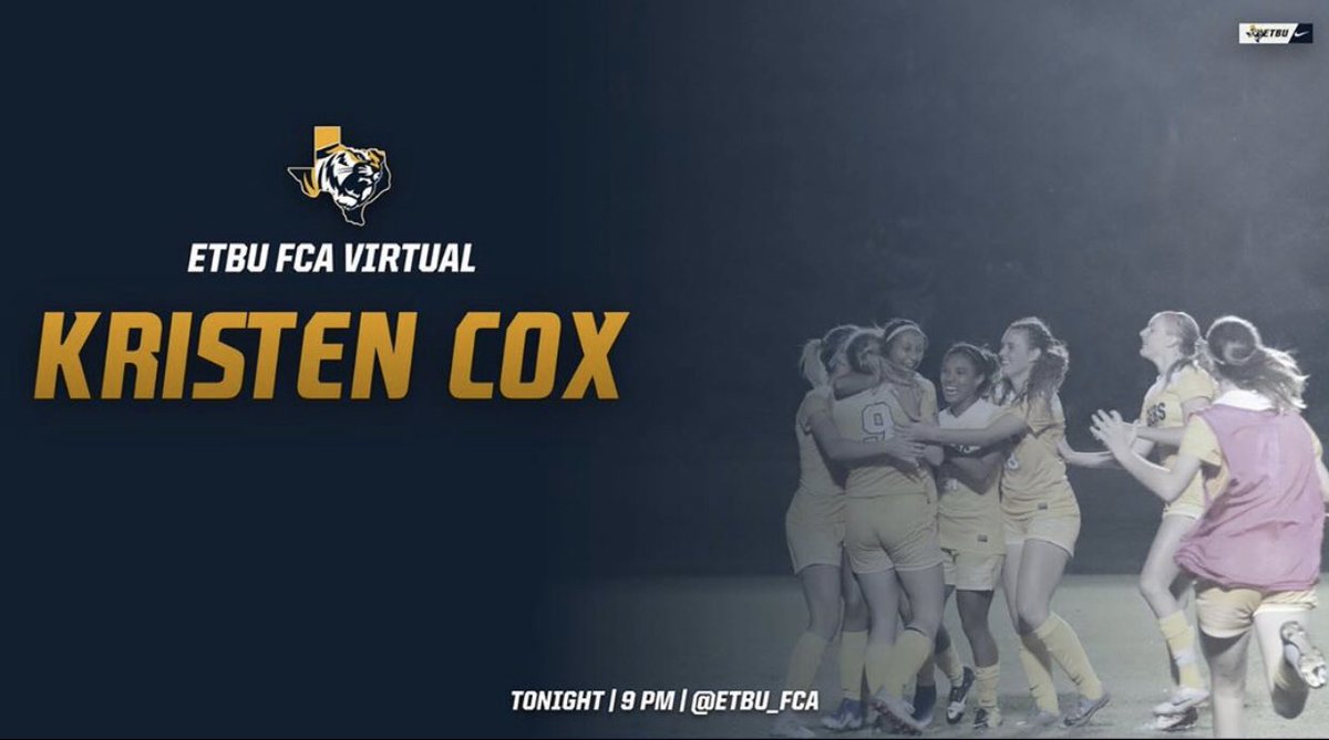 FCA VIRTUAL TONIGHT!! We will be on Instagram live at 9:00pm! We will start with worship led by <a href="/ETBU_Soccer/">ETBU Mens Soccer ⚽️</a> player <a href="/samarellano1129/">sam arellano</a>!! And tonight’s speaker will be <a href="/ETBU_WS/">ETBU Women's Soccer</a> head coach @klfellows! #fcavirtual 🐯🌟