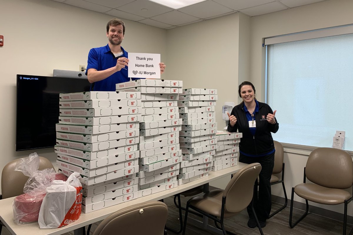 . @HomeBank_1890, Martinsville, provided 175 pizzas for workers at IU Health Morgan in Martinsville. They responded, "Thank you so much for all of the pizza! We, at IU Health Morgan, appreciate you all at Home Bank."  #BanksHelpingHoosiers