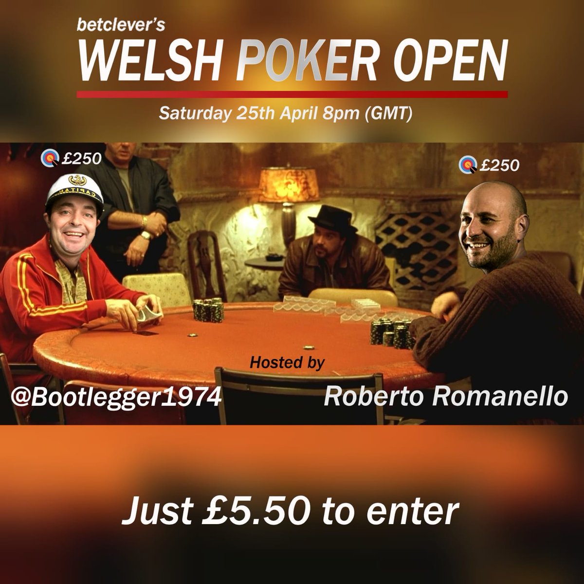 FootyPodClips's tweet image. BREAKING: We are pleased to announce the 

♦️Online Welsh Poker Open♦️

🗓 8pm Saturday 25th April
🏧 £5.50 entry
🎯 £250 for eliminating @bootlegger1974 or @RobRomanello

You will need a partypoker account, sign up here: bit.ly/BootleggerPoker

Full details how to enter below👇