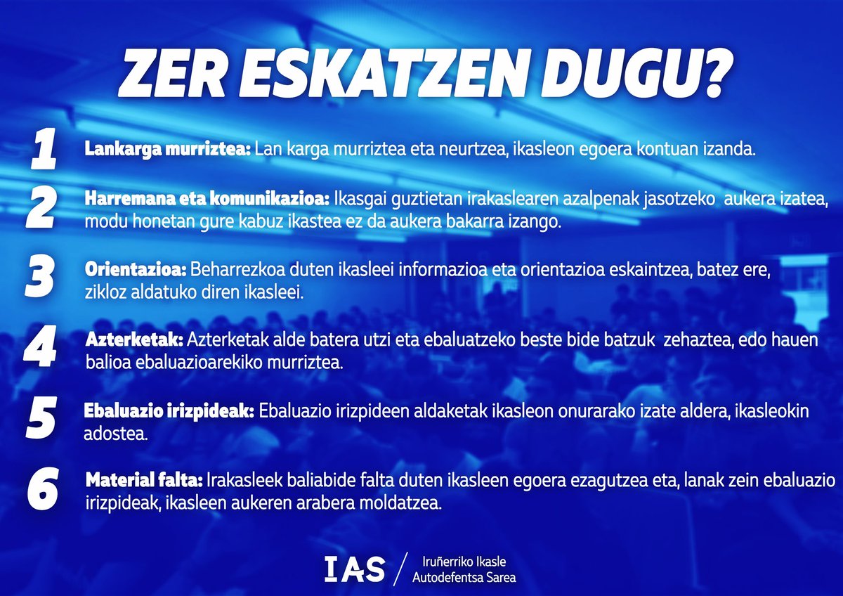 IrunerriaIAS's tweet photo. Ikasleok egoera honetan zer eskatzen dugu? 👇

¿Que pedimos los estudiantes ante esta situación? 👇 https://t.co/tjgin96SBR