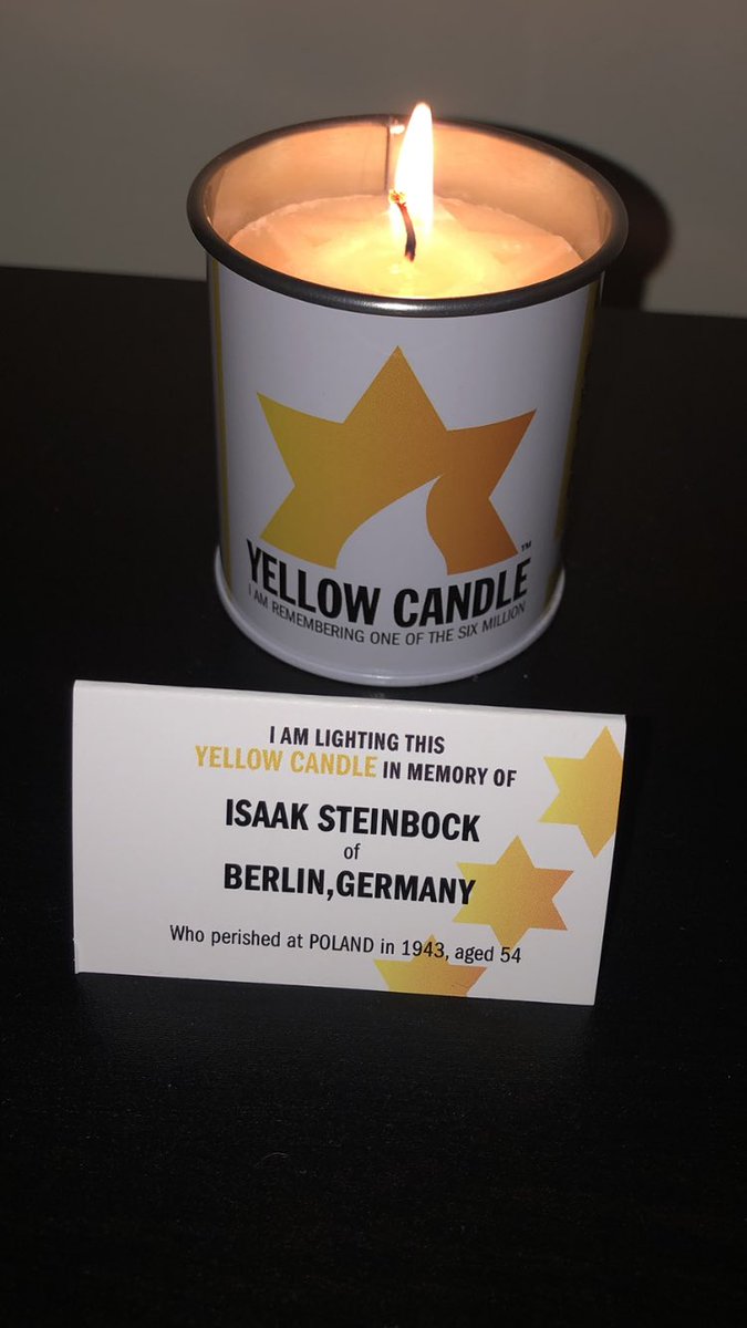 Tonight on Yom Hashoah, I lit a #yellowcandle in memory of Isaak Steinbock aged 54.
One of over six million jews murdered.
We will never forget them.
May their memories continue to be a blessing.
#yomhashoahuk <a href="/HolocaustUK/">H.E.T.</a>