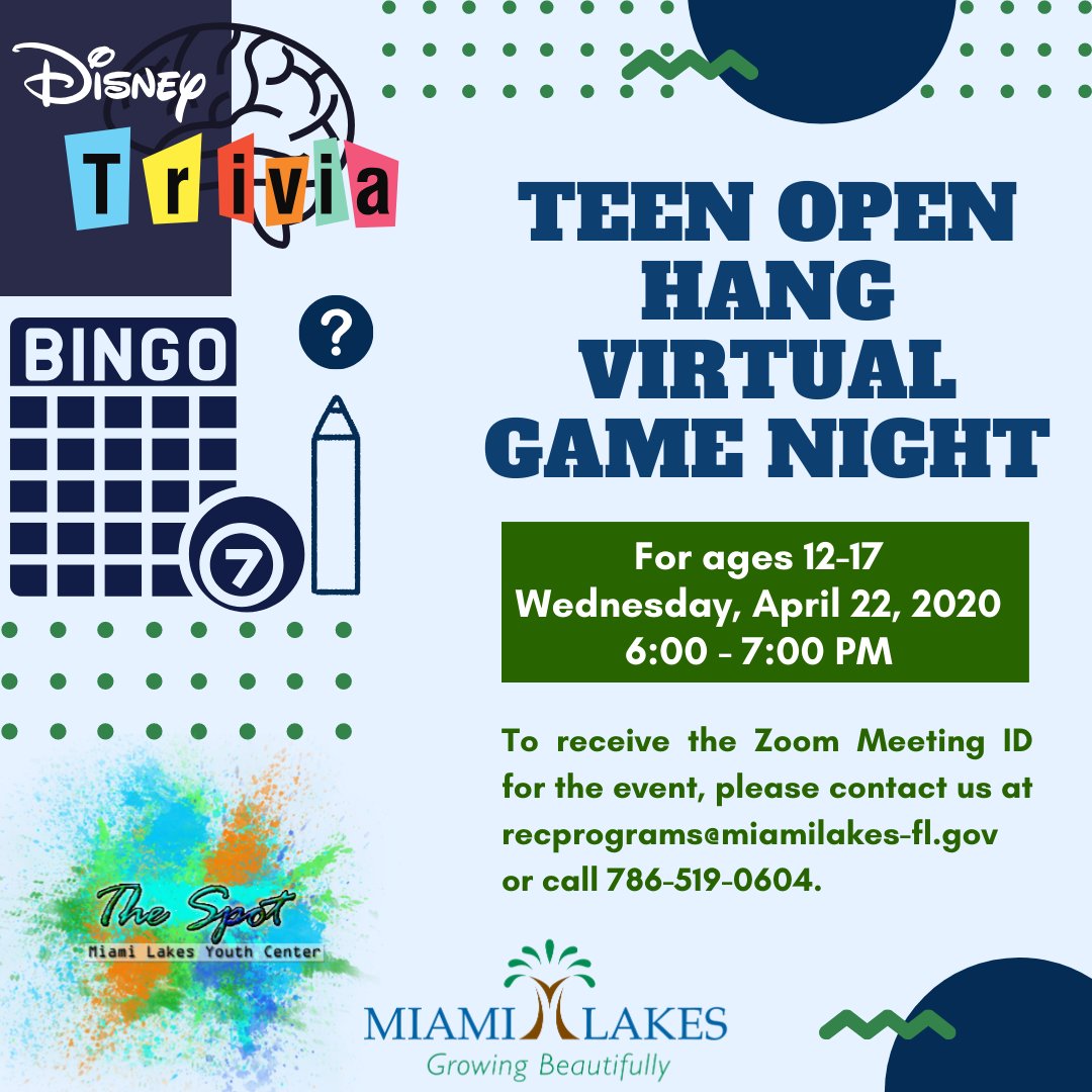 MiamiLakesNews's tweet photo. Calling all Teens, bored at home? Missing your friends? Come and join the Spot’s first Virtual Open Hang. This hang we will be playing gameshow-type games online on Zoom. 💻  For the Meeting ID, please contact recprograms@miamilakes-fl.gov or call 786-519-0604.📞 #TOMLParksAndRec https://t.co/Ow19kGgRLp