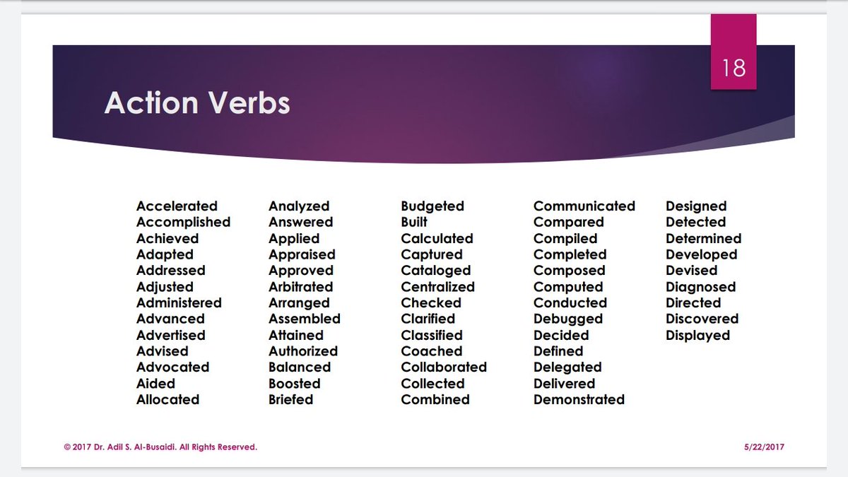 Because I mentioned in the previous tweet to use strong action verbs, here you can use some of the action verbs when you writing your  #CV . #BCOM4931_SP2020