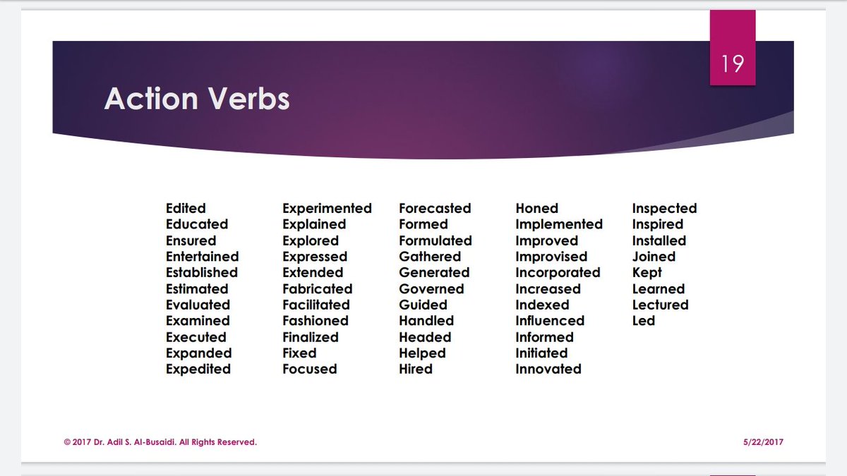 Because I mentioned in the previous tweet to use strong action verbs, here you can use some of the action verbs when you writing your  #CV . #BCOM4931_SP2020