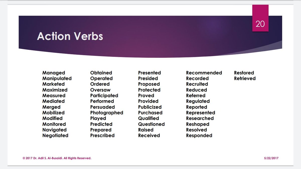 Because I mentioned in the previous tweet to use strong action verbs, here you can use some of the action verbs when you writing your  #CV . #BCOM4931_SP2020