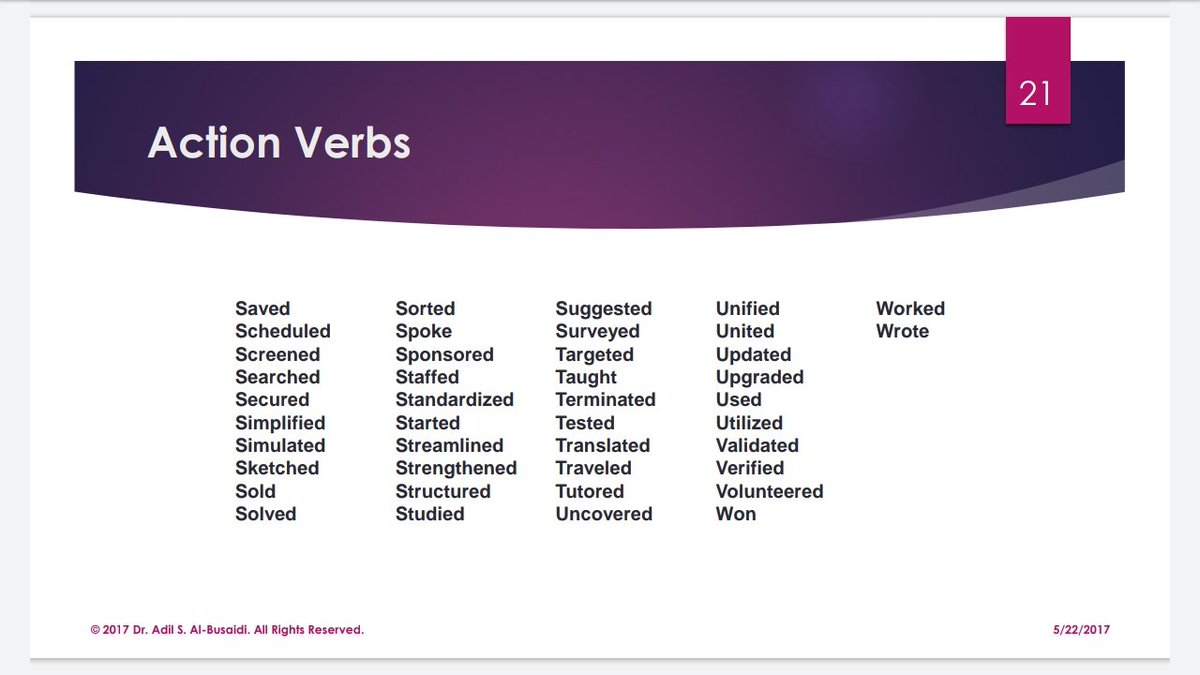Because I mentioned in the previous tweet to use strong action verbs, here you can use some of the action verbs when you writing your  #CV . #BCOM4931_SP2020