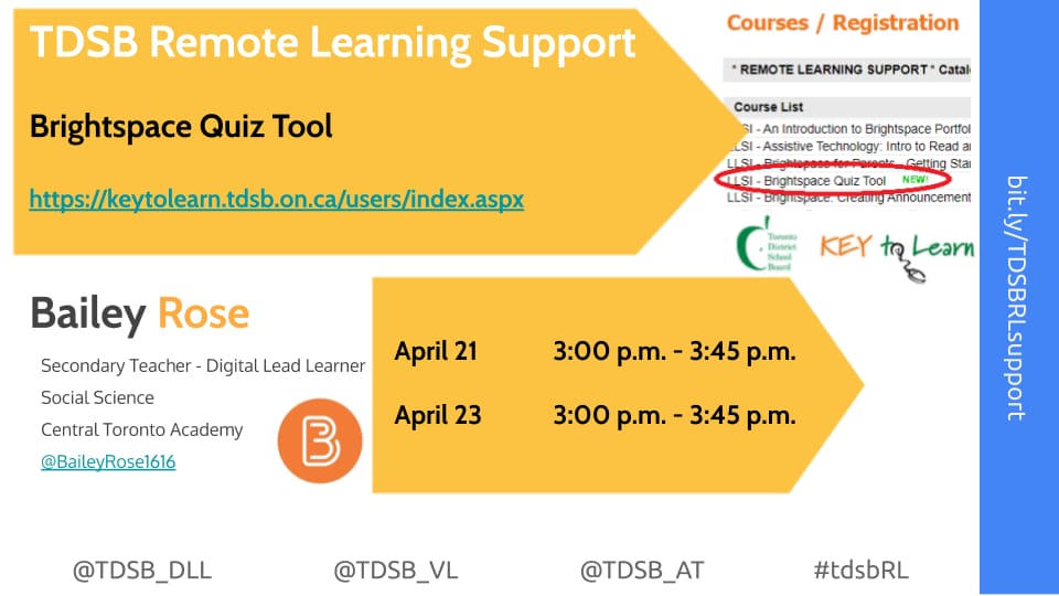 Interested in learning how to create assessment tasks using the @Brightspace Quiz tool? Sign up for #tdsbRL PD on Key2Learn hosted by @MrTangCTA and myself!

keytolearn.tdsb.on.ca/users/index.as…

@TDSB_DLL @EDUholtz27 @ccatwell @TDSBeLearning