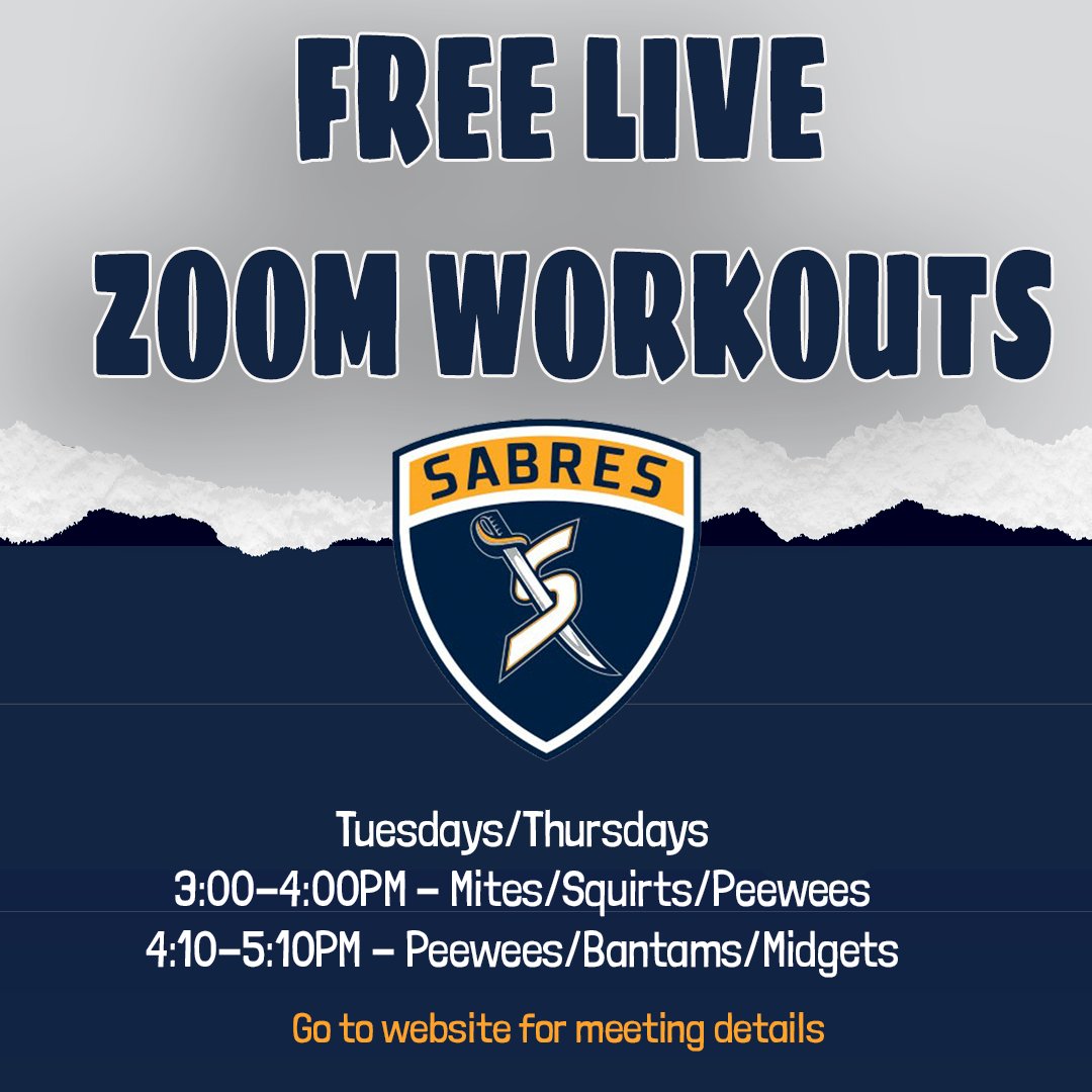 SabreHockey1's tweet photo. Hey Sabres!!! We are excited to announce that our FREE LIVE ZOOM WORKOUTS start tomorrow, April 21st!! Go to https://t.co/84Tqt4wY5b for meeting details. https://t.co/xz3aiVsgU2