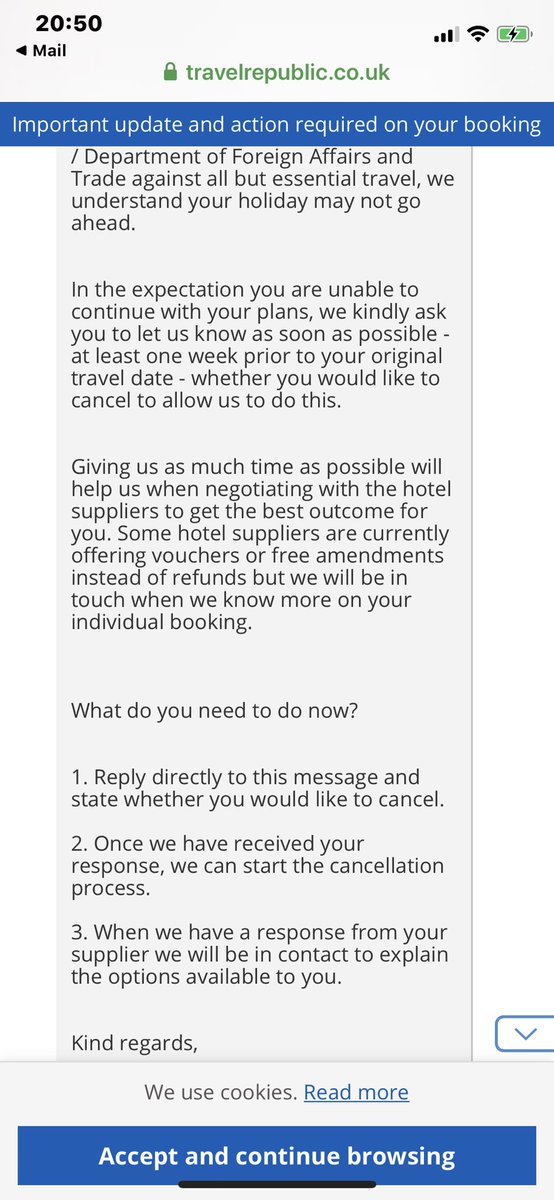 evans_a5's tweet photo. @SJ1706 @stvallen @TravelRepublic Mine worded very similar but ours was a non refundable deal so they are saying they need to negotiate with the hotelier https://t.co/kVEe0xDll9