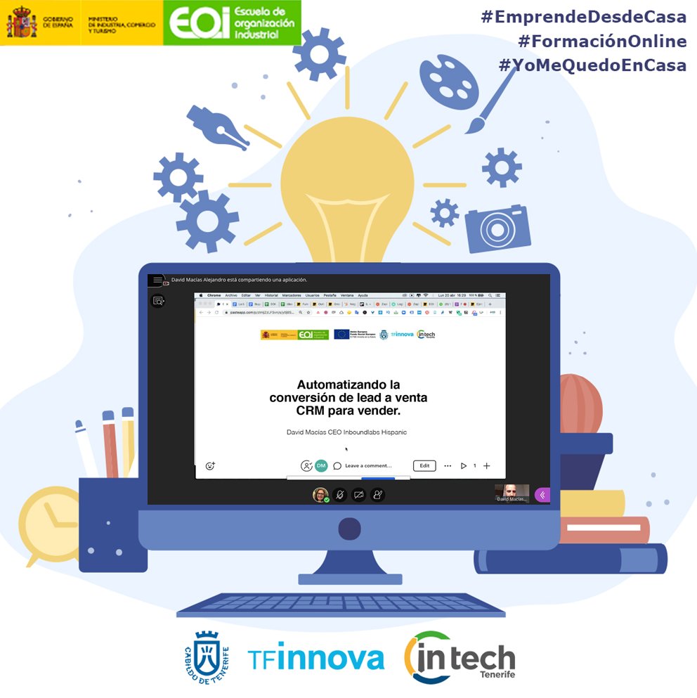 INbusinessTF's tweet photo. Conectados online con @dav_macias para una nueva sesión del programa #coworking de @eoi e @INtechTenerife:
🔸'Automatizando la conversión de lead a venta. CRM para vender'
Nuestros alumnos están recibiendo una formación muy dirigida a la puesta en marcha de sus proyectos e ideas. https://t.co/GbHHEHVqX0